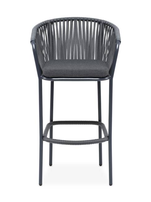 "Бордо" стул барный плетеный из роупа, каркас из стали темно-серый (RAL7024) муар, роуп серый 15мм, ткань темно-серая 027