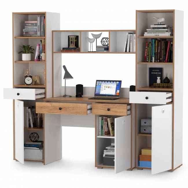 Компьютерный стол Вуди с двумя боковыми пеналами цвет белый премиум/дуб крафт золотой