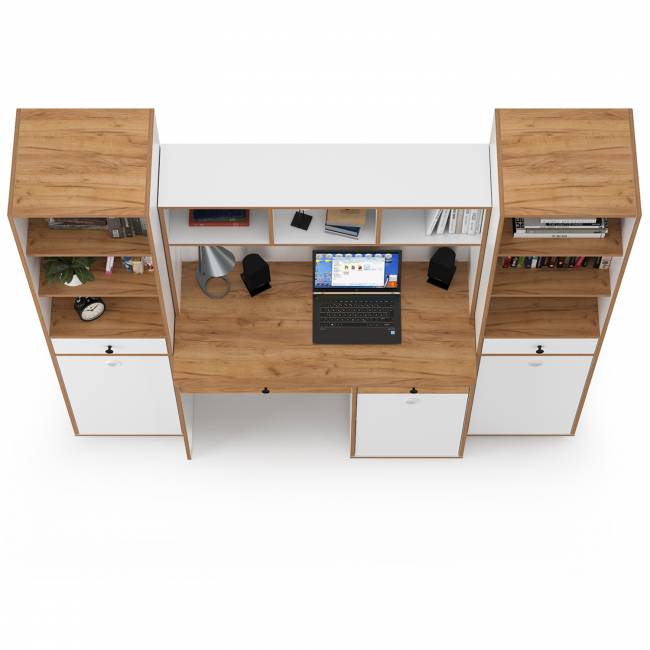 Компьютерный стол Вуди с двумя боковыми пеналами цвет белый премиум/дуб крафт золотой