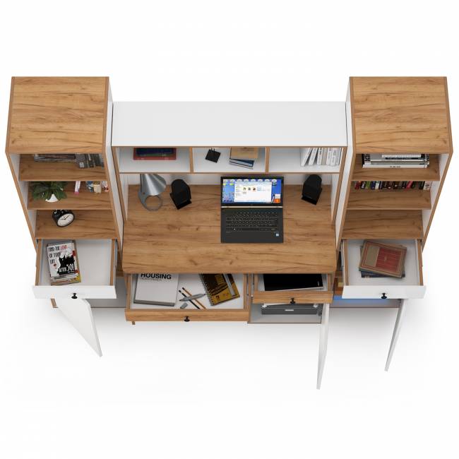 Компьютерный стол Вуди с двумя боковыми пеналами цвет белый премиум/дуб крафт золотой