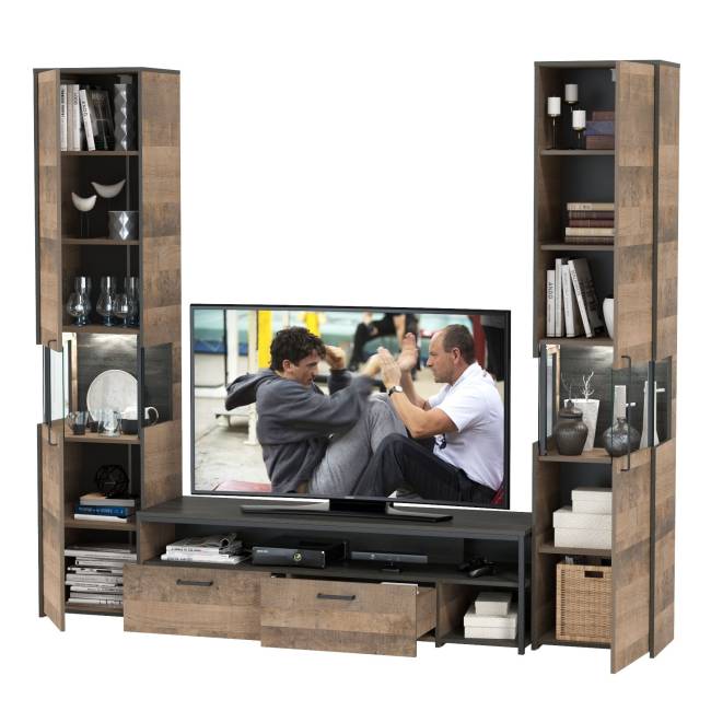 Два шкафа-пенала с подсветкой и тумба под ТВ Трувор № 18 цвет дуб гранж песочный/интра