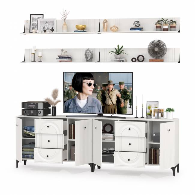 Два широких комода Валенсия и четыре навесных полки цвет белый шагрень