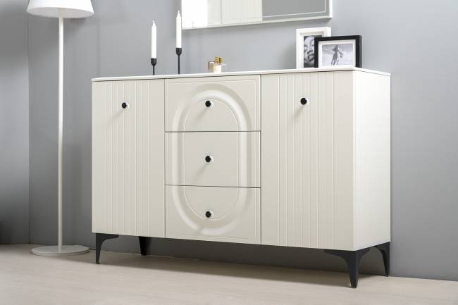 Два широких комода Валенсия и четыре навесных полки цвет белый шагрень