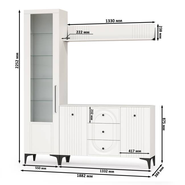 Комод-тумба под ТВ с полкой и пенал со стеклом Валенсия цвет белый шагрень
