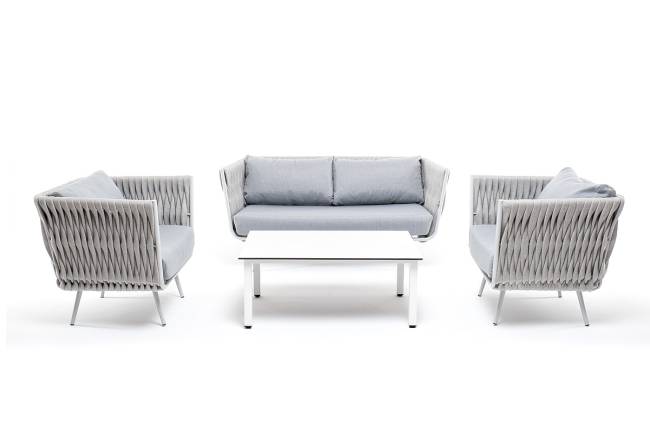 "Монако" лаунж-зона 4-местная из роупа со столом "Верона" (серый гранит), каркас светло-серый, роуп светло-серый