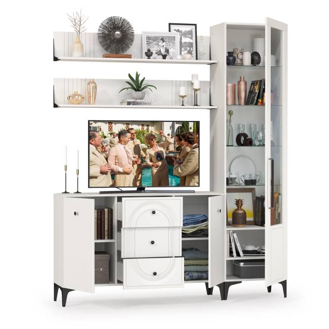 TV-тумба-комод с двумя навесными полками и пенал со стеклом в гостиную Валенсия цвет белый шагрень TV-тумба-комод с двумя навесными полками и пенал со стеклом в гостиную Валенсия цвет белый шагрень