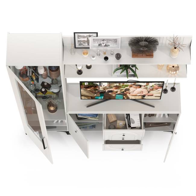 TV-тумба-комод с двумя навесными полками и пенал со стеклом в гостиную Валенсия цвет белый шагрень TV-тумба-комод с двумя навесными полками и пенал со стеклом в гостиную Валенсия цвет белый шагрень