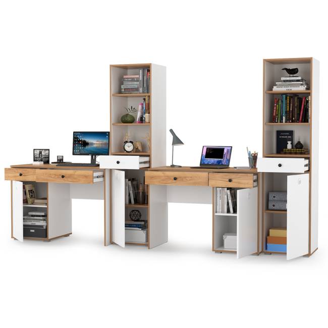 Два компьютерных стола Вуди и пенал для учебников цвет белый премиум/дуб крафт золотой