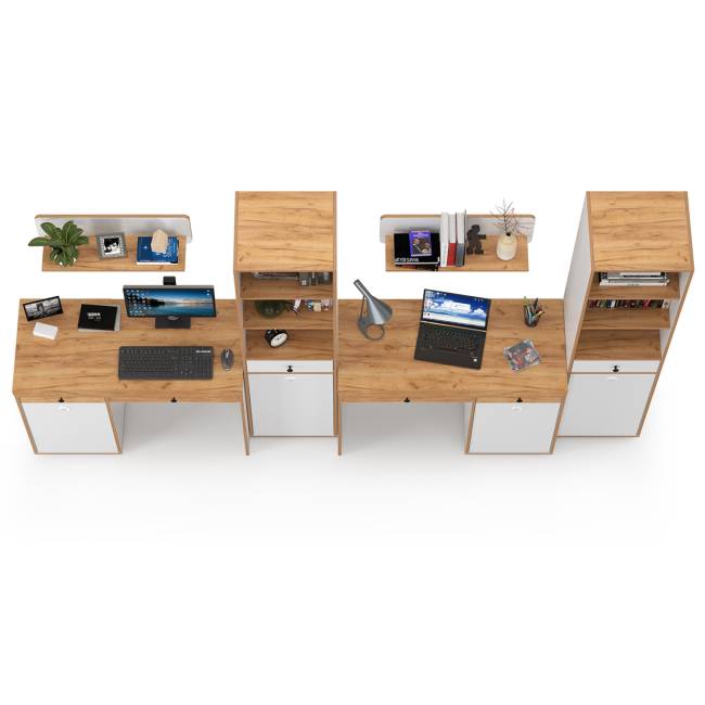 Два письменных стола с открытыми полками Вуди и два пенала для тетрадей и учебников цвет белый премиум/дуб крафт золотой