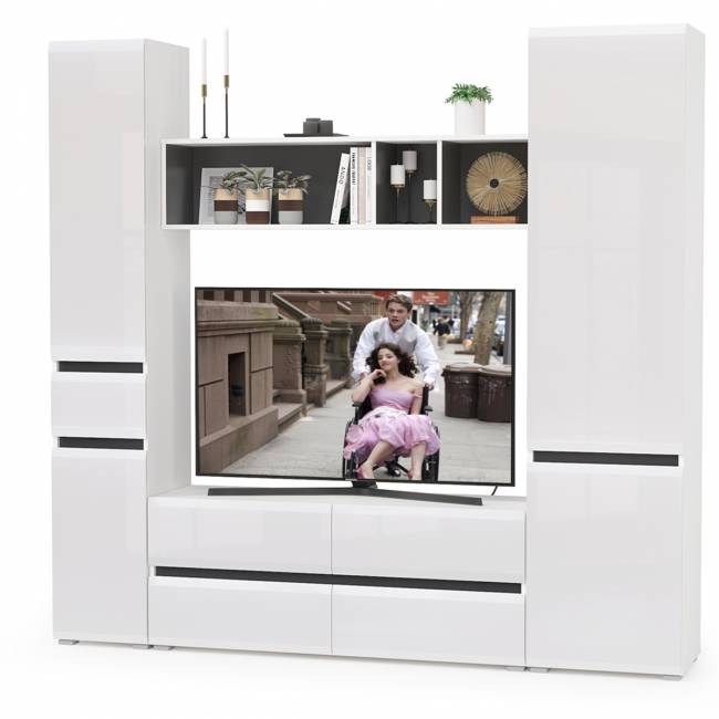 Стенка в гостиную Сидней № 21 цвет белый/чёрный/фасады МДФ белый глянец