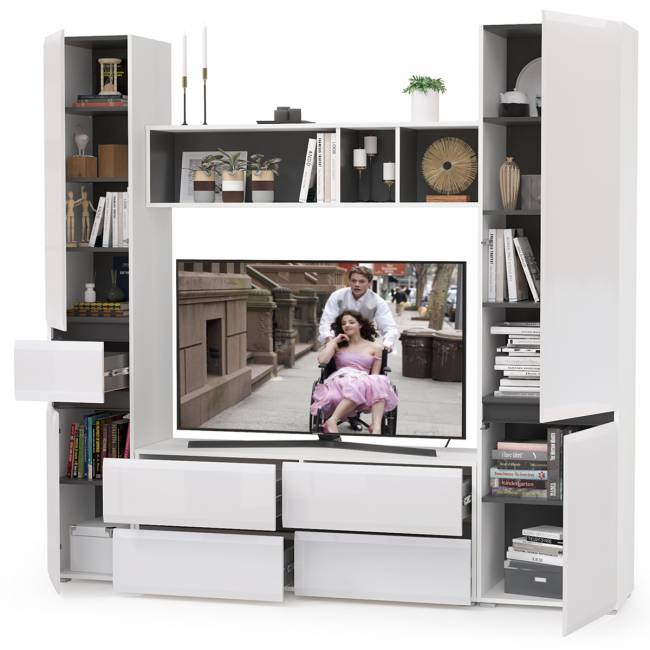 Стенка в гостиную Сидней № 21 цвет белый/чёрный/фасады МДФ белый глянец