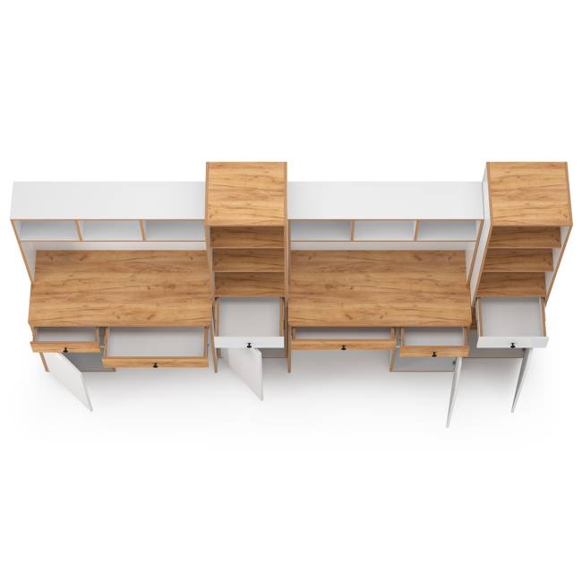 Мебельная стенка в молодёжную комнату для двоих детей Вуди № 17 цвет белый премиум/дуб крафт золотой