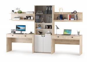 Столы с полками и большим стеллажом Бостон цвет дуб эндгрейн элегантный/фасады МДФ милк рикамо софт