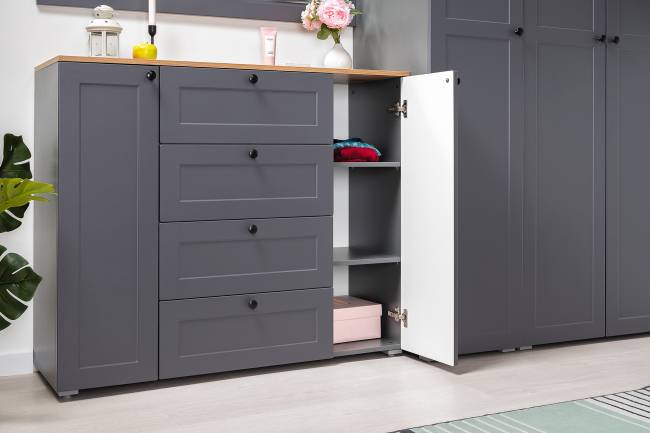 Комод четыре ящика с настенной вешалкой и двумя платяными шкафами Остин цвет серый графит/дуб крафт золотой