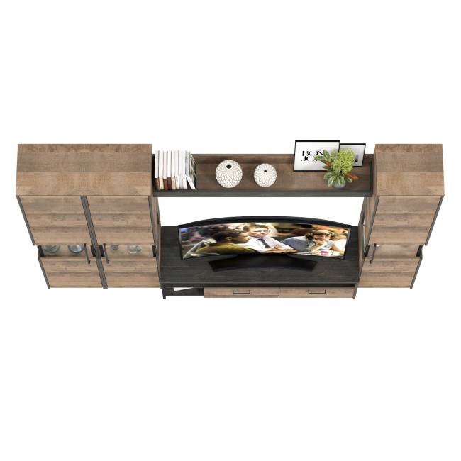 Три пенала-витрины в стиле лофт с подсветкой и тумба под ТВ Трувор цвет дуб гранж песочный/интра