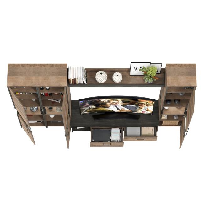 Три пенала-витрины в стиле лофт с подсветкой и тумба под ТВ Трувор цвет дуб гранж песочный/интра