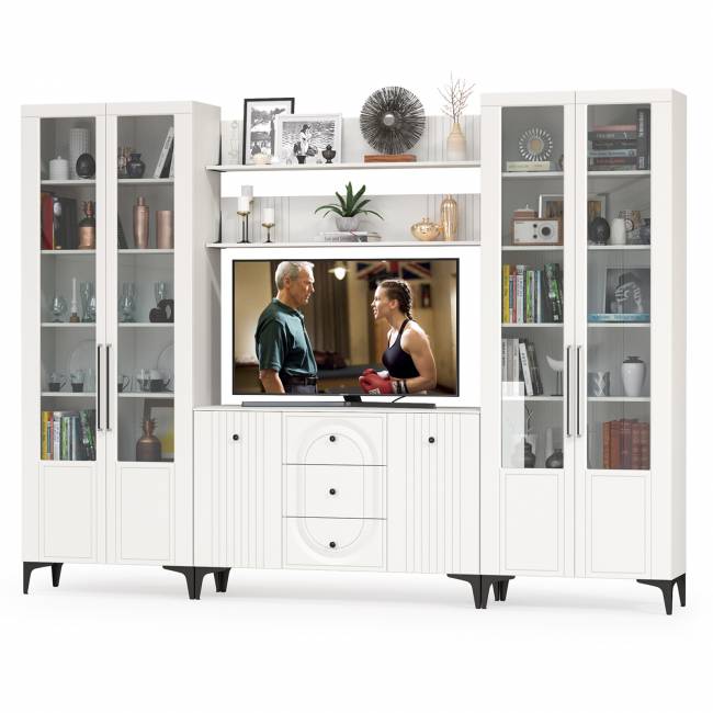 Стенка для гостиной широкая Валенсия № 103 цвет белый шагрень