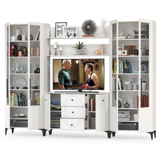 Стенка для гостиной широкая Валенсия № 103 цвет белый шагрень