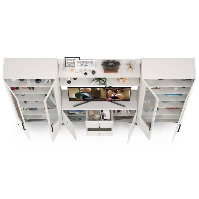 Стенка для гостиной широкая Валенсия № 103 цвет белый шагрень