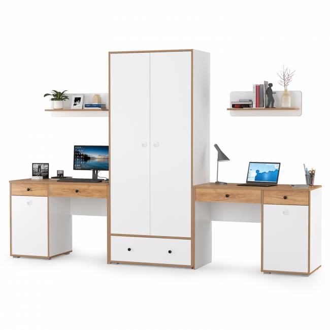 Два стола для учёбы, шкаф и две открытых полки Вуди цвет белый премиум/дуб крафт золотой