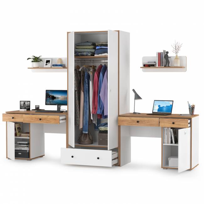 Два стола для учёбы, шкаф и две открытых полки Вуди цвет белый премиум/дуб крафт золотой