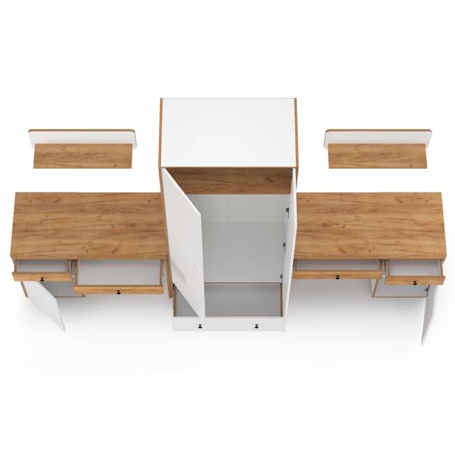 Два стола для учёбы, шкаф и две открытых полки Вуди цвет белый премиум/дуб крафт золотой