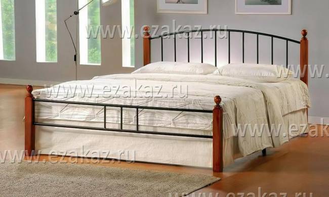 Кровать AT-915 дерево гевея/металл, 160х200см, двухспальная кровать, красный дуб/черный дуб темный дерево гевея/металл