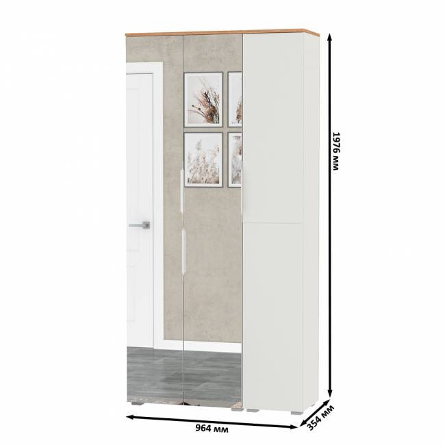 Шкаф для одежды и шкаф-пенал Октава цвет белый шагрень/дуб крафт золотой/зеркало