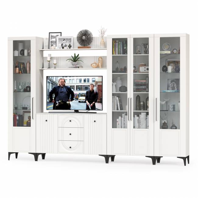 Большая стенка в гостиную Валенсия № 108 цвет белый шагрень