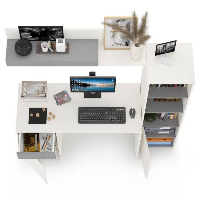 Стол Торонто с полкой и стеллажом цвет белый шагрень/стальной серый