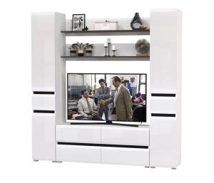 Два пенала с ящиком с двумя полочками и ТВ-тумбой Сидней цвет белый/чёрный/МДФ белый глянец