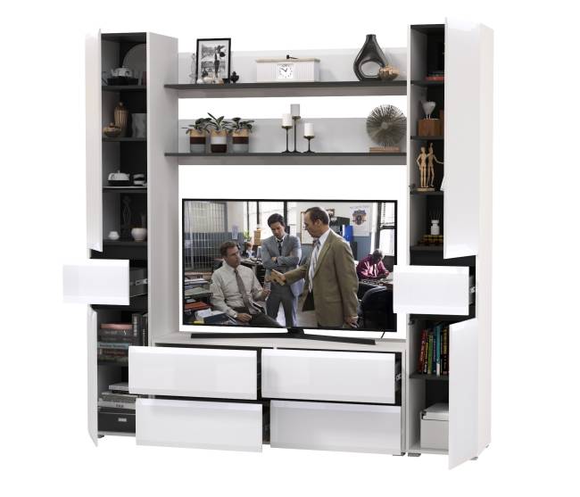 Два пенала с ящиком с двумя полочками и ТВ-тумбой Сидней цвет белый/чёрный/МДФ белый глянец