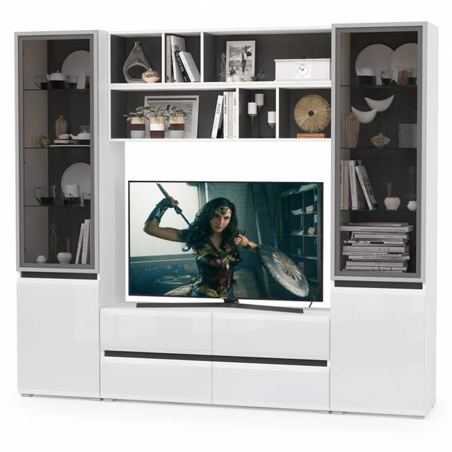 Сидней стенка для гостиной № 38 цвет белый/чёрный/фасады МДФ белый глянец