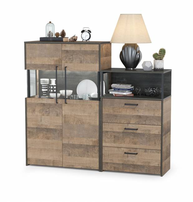 Комод с витриной с двумя дверками и подсветкой и комод с ящиками Трувор цвет дуб гранж песочный/интра