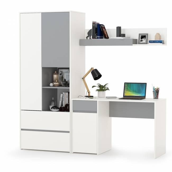 Рабочий стол с полкой и шкафом для одежды Торонто цвет белый шагрень/стальной серый