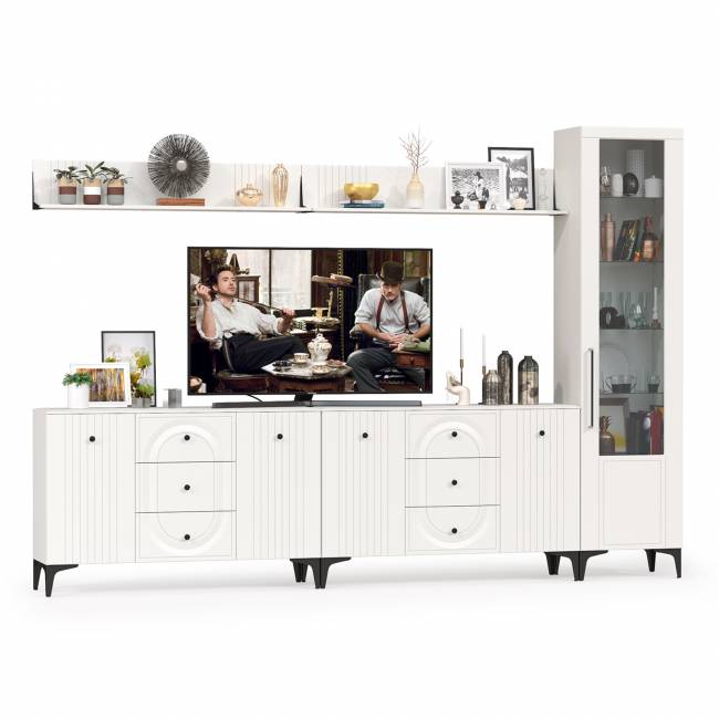 Два комода для аппаратуры с полками и пенал со стеклом Валенсия цвет белый шагрень