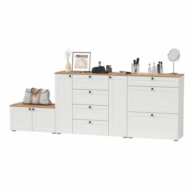 Комод с обувницей и тумбой Остин цвет белый шагрень/дуб крафт золотой