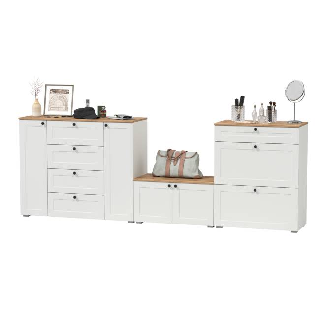 Комод с обувницей и тумбой Остин цвет белый шагрень/дуб крафт золотой