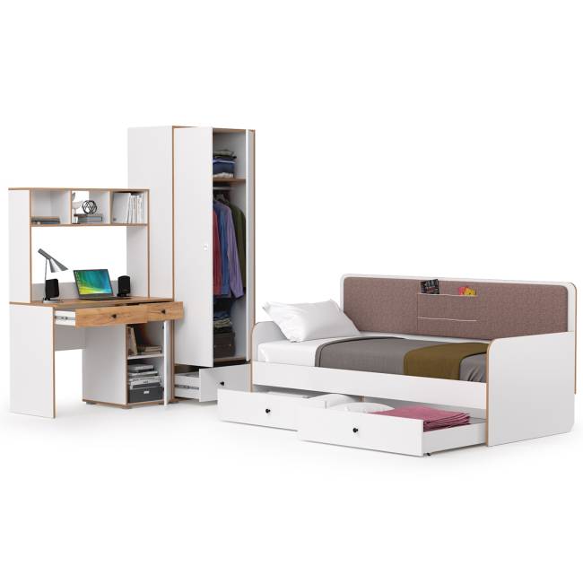Вуди мебель в детскую с кроватью с ящиками № 38 цвет белый премиум/дуб крафт золотой/саванна латте