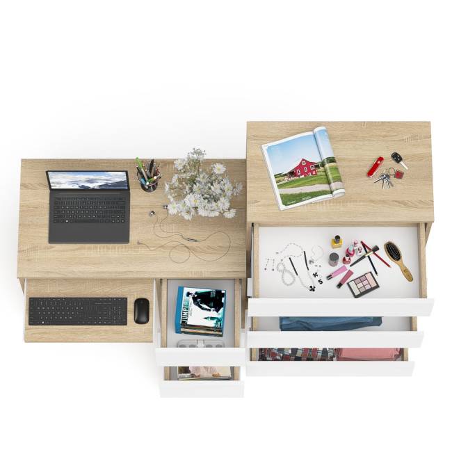 Высокий комод Мори на 700 5 ящиков и компьютерный стол Мори МС-6 тумба справа цвет дуб сонома/белый