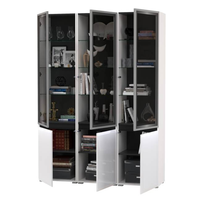 Горка в гостиную с с тремя стеклянными дверками Сидней 13.201 цвет белый/чёрный/МДФ белый глянец