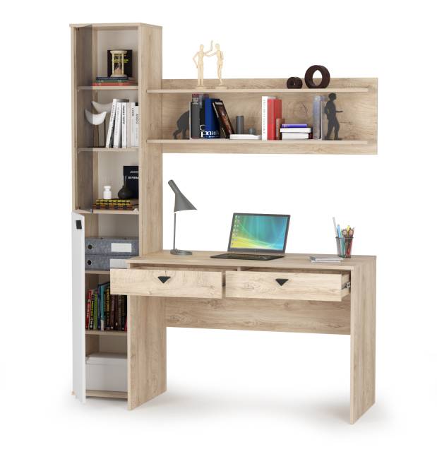 Компьютерный стол с полкой и стеллажом со стеклом Бостон цвет дуб эндгрейн элегантный/фасады МДФ милк рикамо софт