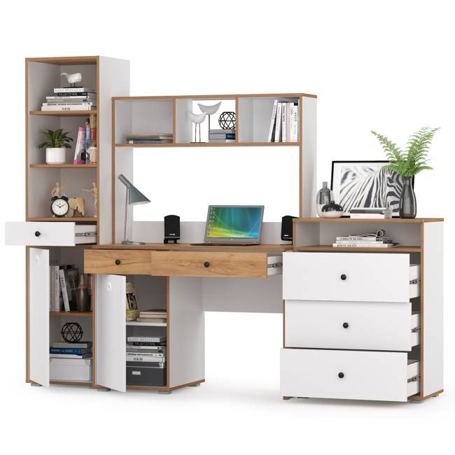 Компьютерный стол, стеллаж и комод с нишей Вуди № 50 цвет белый премиум/дуб крафт золотой