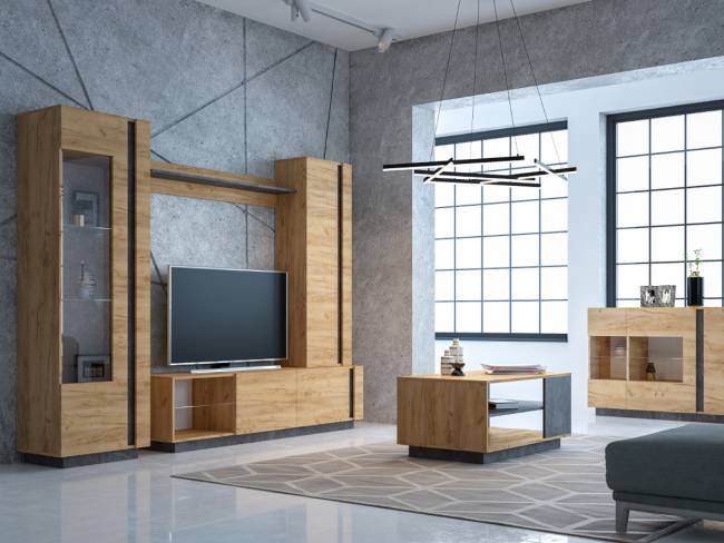 Шкаф-витрина с подсветкой Арчи 03.263 цвет дуб крафт золотой/камень тёмный