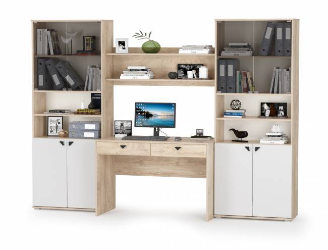 Стенка для домашнего офиса Бостон № 40 цвет дуб эндгрейн элегантный/фасады МДФ милк рикамо софт