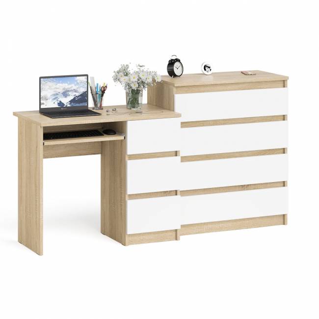 Стол компьютерный с ящиками МС-6 правый с комодом МК800 4 ящика Мори цвет дуб сонома/белый