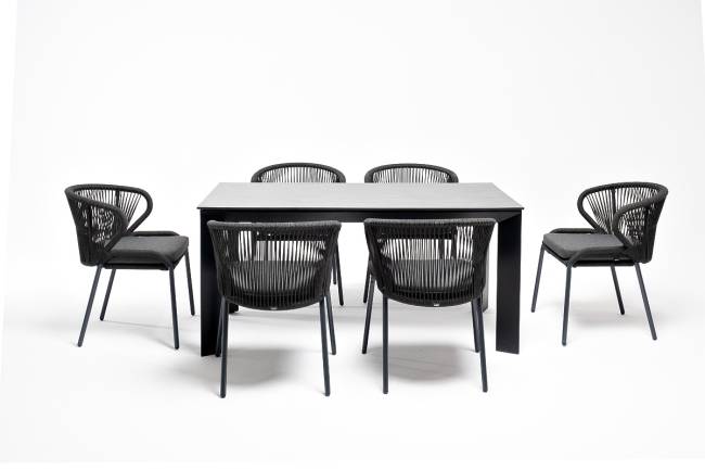 "Венето" обеденная группа на 6 персон со стульями "Милан", каркас темно-серый, роуп темно-серый