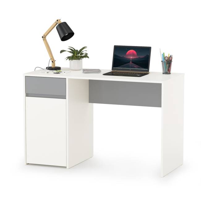 Стол компьютерный с двумя шкафами и навесной полкой Торонто цвет белый шагрень/стальной серый Стол компьютерный с двумя шкафами и навесной полкой Торонто цвет белый шагрень/стальной серый
