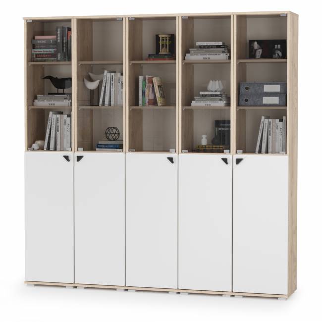 Шкафы со стёклами Бостон № 49 цвет дуб эндгрейн элегантный/фасады МДФ милк рикамо софт