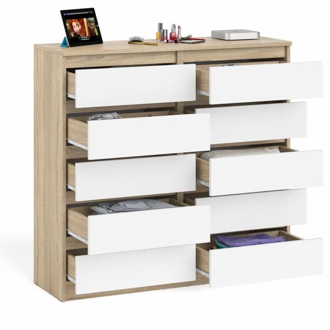 Комод высокий на десять выдвижных ящиков Мори МК1200.10 цвет дуб сонома/белый